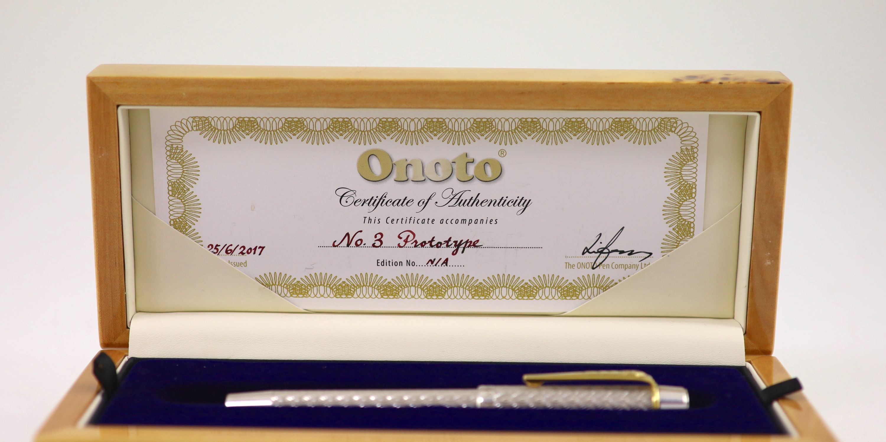 Onoto No.3 Prototype fountain pen, boxed with Onoto certificate, white metal casing